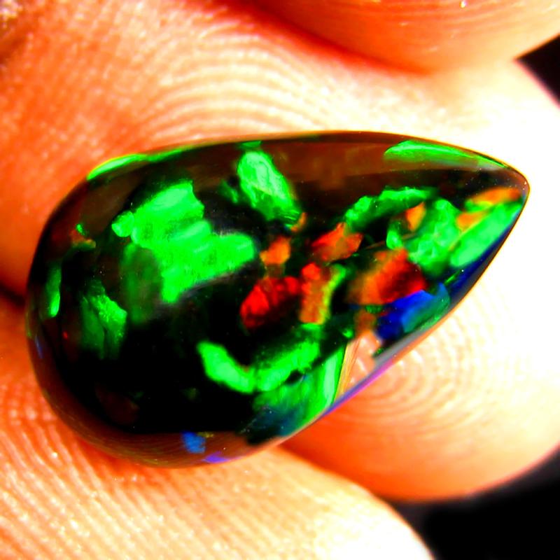 3.51 ct Remarkable Pear Cabochon Cut (14 x 9 mm) Ethiopia Play of Colors Black Opal Natural Gemstone
