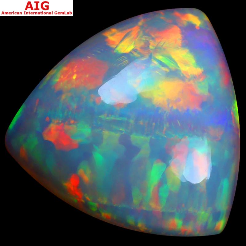 15.57 ct AIG CERTIFIED ATTRACTIVE TRIANGLE CABOCHON CUT (20 X 19 MM) FLASHING 360 DEGREE MULTICOLOR RAINBOW OPAL