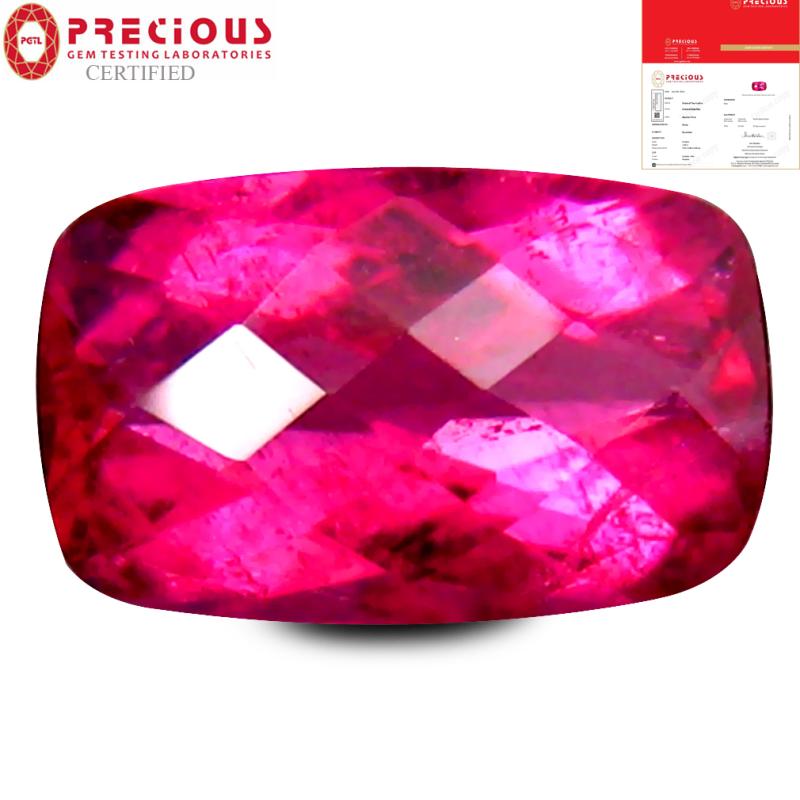 1.69 ct PGTL Certified AAAA Grade Impressive Cushion Cut (9 x 6 mm) Reddish Pink Rubellite Tourmaline Gemstone