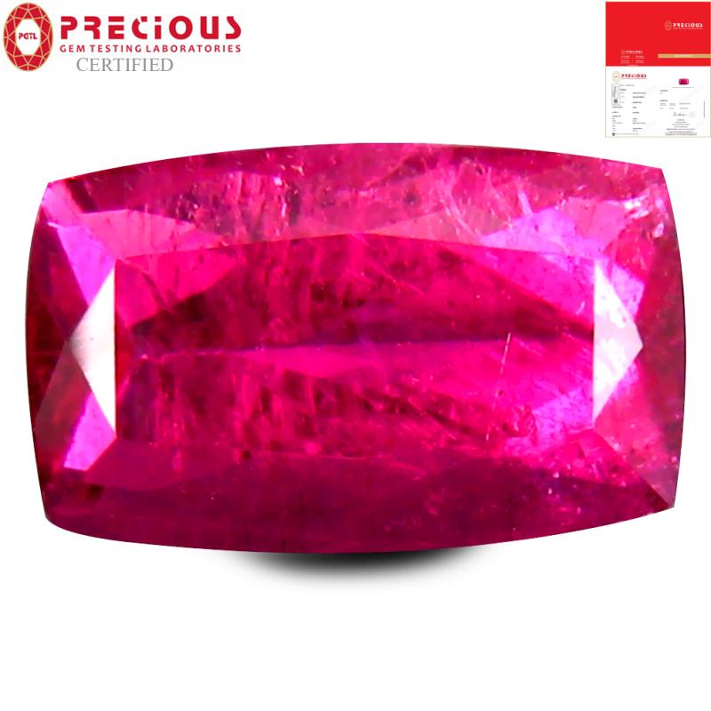 2.79 ct PGTL Certified AAAA Grade Impressive Cushion Cut (11 x 7 mm) Reddish Pink Rubellite Tourmaline Gemstone
