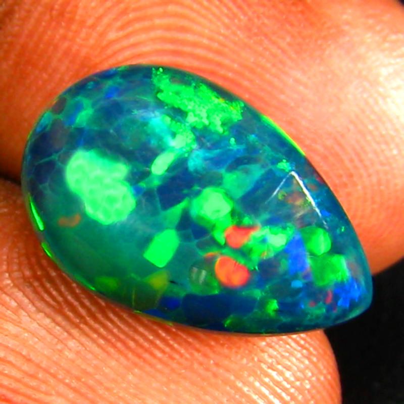 4.63 ct Phenomenal Pear Cabochon (15 x 10 mm) Ethiopian 360 Degree Flashing Black Opal Natural Gemstone
