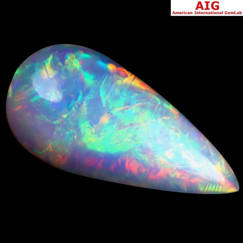 17.43 ct AIG CERTIFIED SHIMMERING PEAR CABOCHON CUT (28 X 14 MM) FLASHING 360 DEGREE MULTICOLOR RAINBOW OPAL