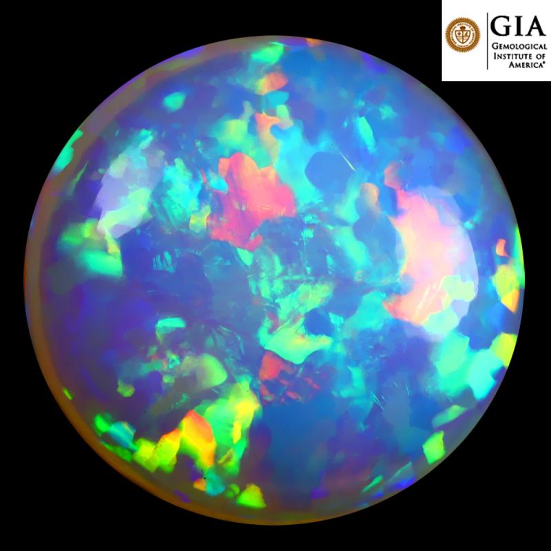 GIA Certified 31.16 ct AAA+ Grade Significant Round Cabochon Cut (24 x 23 mm) Play of Colors Rainbow Opal Natural Gemstone