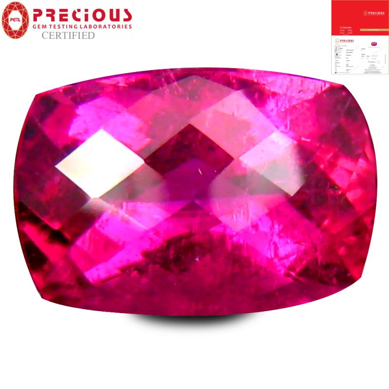 2.34 ct PGTL Certified AAAA Grade Extraordinary Cushion Cut (10 x 7 mm) Reddish Pink Rubellite Tourmaline Gemstone