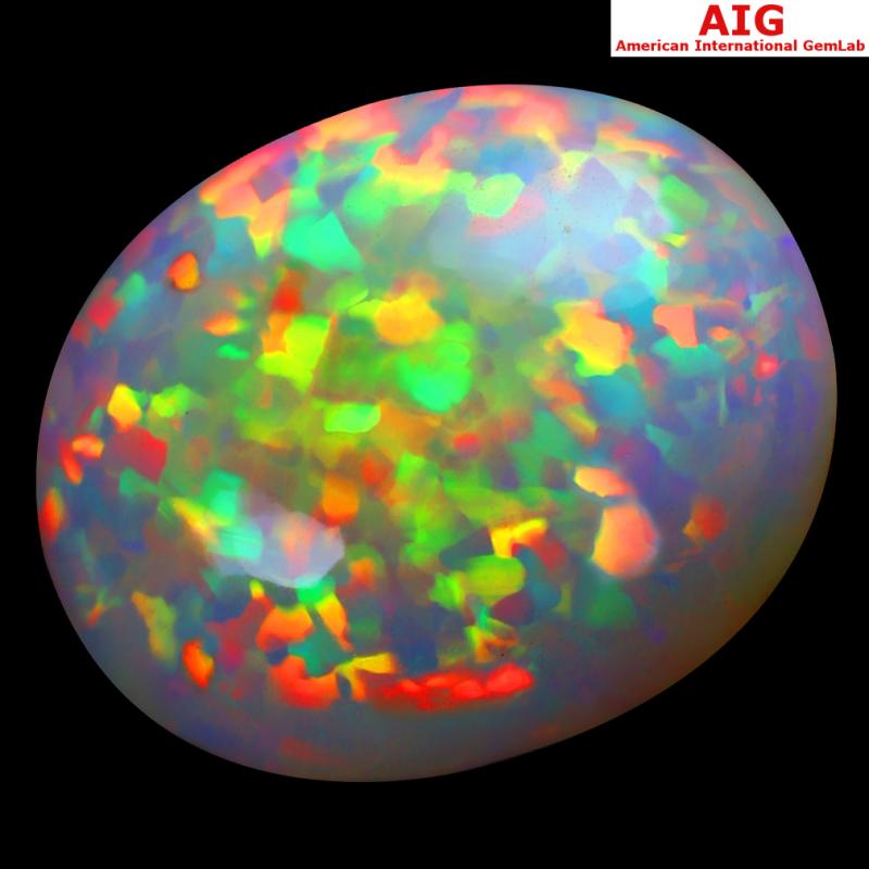 15.33 ct AIG CERTIFIED TERRIFIC OVAL CABOCHON CUT (20 X 16 MM) FLASHING 360 DEGREE MULTICOLOR RAINBOW OPAL