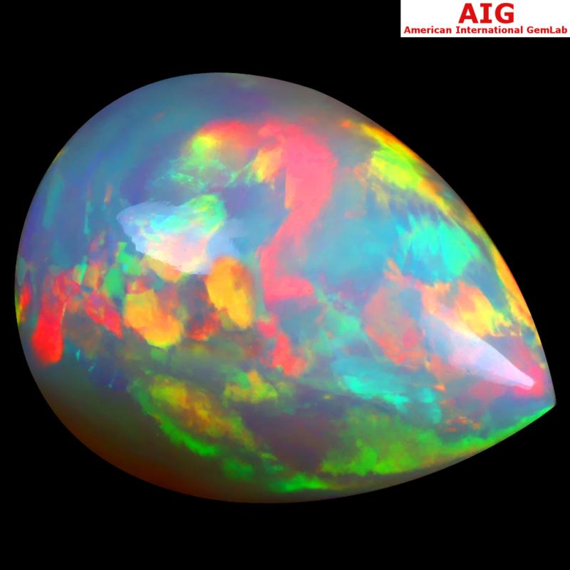 15.00 ct AIG CERTIFIED FAIR PEAR CABOCHON CUT (21 X 16 MM) FLASHING 360 DEGREE MULTICOLOR RAINBOW OPAL