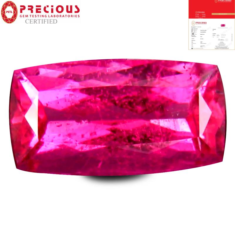 2.10 ct PGTL Certified AAAA Grade Best Cushion Cut (10 x 6 mm) Reddish Pink Rubellite Tourmaline Gemstone