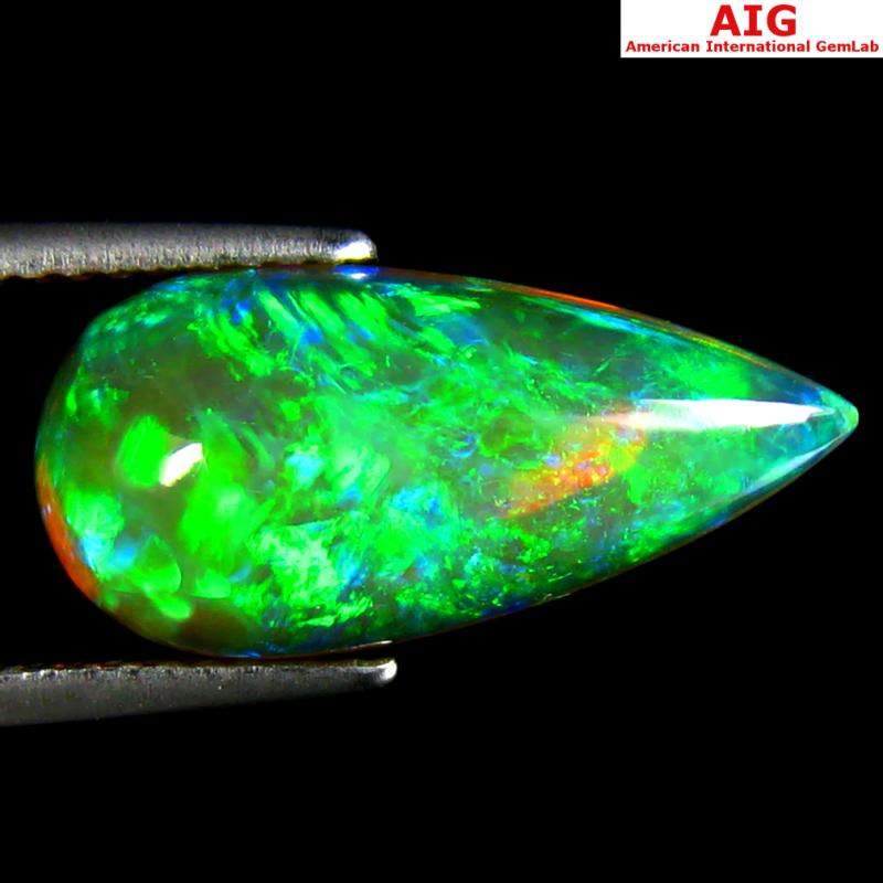 3.97 ct AIG Certified Good-looking Pear Cabochon Cut (18 x 9 mm) Unheated / Untreated Natural Black Opal Gemstone