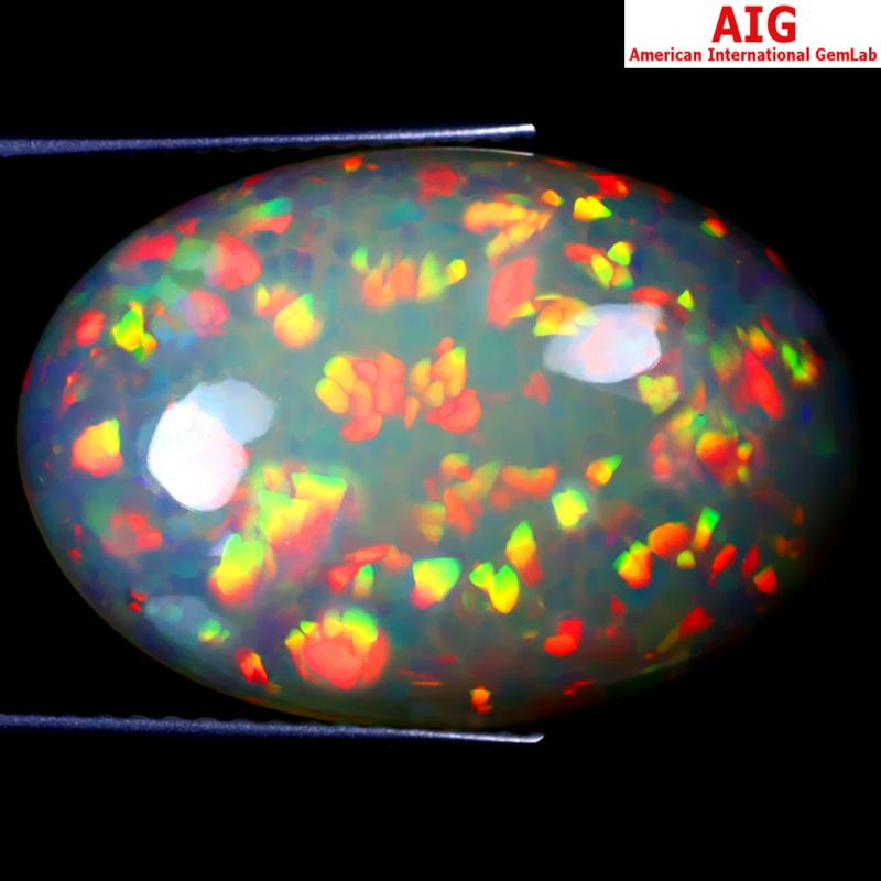 8.90 ct AIG Certified Wonderful Oval Cabochon Cut (21 x 14 mm) Unheated / Untreated Play of Colors Rainbow Opal Loose Stone