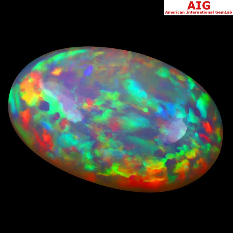 13.42 ct AIG CERTIFIED MARVELOUS OVAL CABOCHON CUT (24 X 15 MM) FLASHING 360 DEGREE MULTICOLOR RAINBOW OPAL