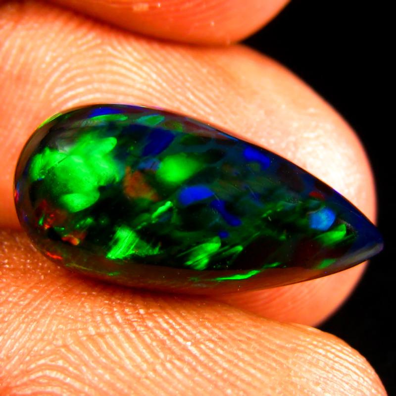 4.12 ct Resplendent Pear Cabochon Cut (18 x 8 mm) Ethiopia Play of Colors Black Opal Natural Gemstone