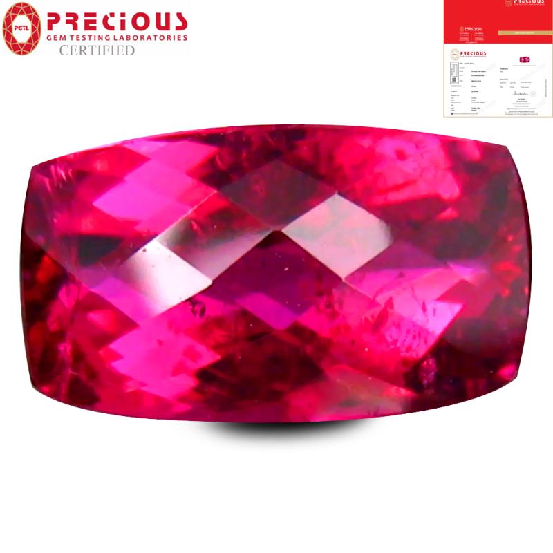 1.64 ct PGTL Certified AAAA Grade Excellent Cushion Cut (10 x 6 mm) Reddish Pink Rubellite Tourmaline Gemstone