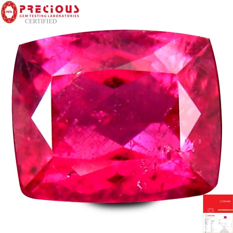 2.45 ct PGTL Certified AAAA Grade Incomparable Cushion Cut (9 x 7 mm) Reddish Pink Rubellite Tourmaline Gemstone