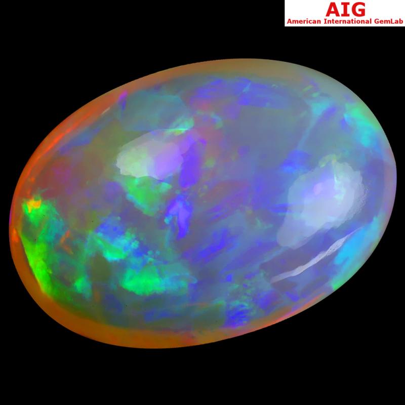 20.95 ct AIG CERTIFIED SUPER-EXCELLENT OVAL CABOCHON CUT (24 X 17 MM) FLASHING 360 DEGREE MULTICOLOR RAINBOW OPAL
