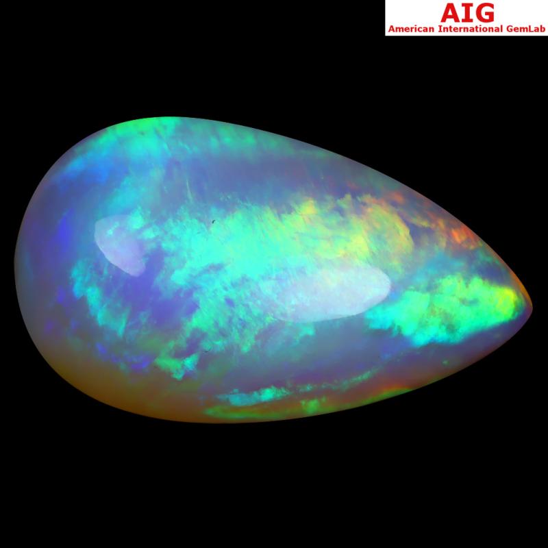 35.22 ct AIG CERTIFIED PRETTY PEAR CABOCHON CUT (30 X 17 MM) FLASHING 360 DEGREE MULTICOLOR RAINBOW OPAL