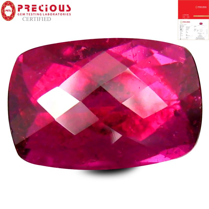 2.98 ct PGTL Certified AAAA Grade Lovely Cushion Cut (10 x 7 mm) Reddish Pink Rubellite Tourmaline Gemstone
