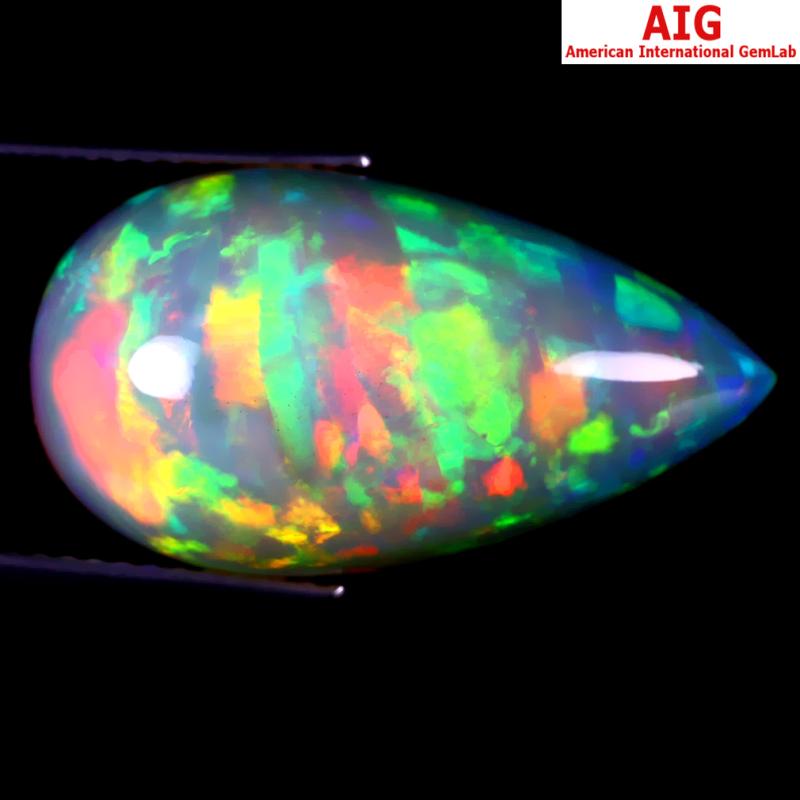 10.54 ct AIG Certified World class Pear Cabochon Cut (23 x 12 mm) Unheated / Untreated Play of Colors Rainbow Opal Loose Stone
