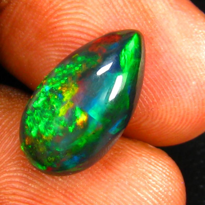 3.34 ct Super-Excellent Pear Cabochon (15 x 9 mm) Ethiopian 360 Degree Flashing Black Opal Natural Gemstone